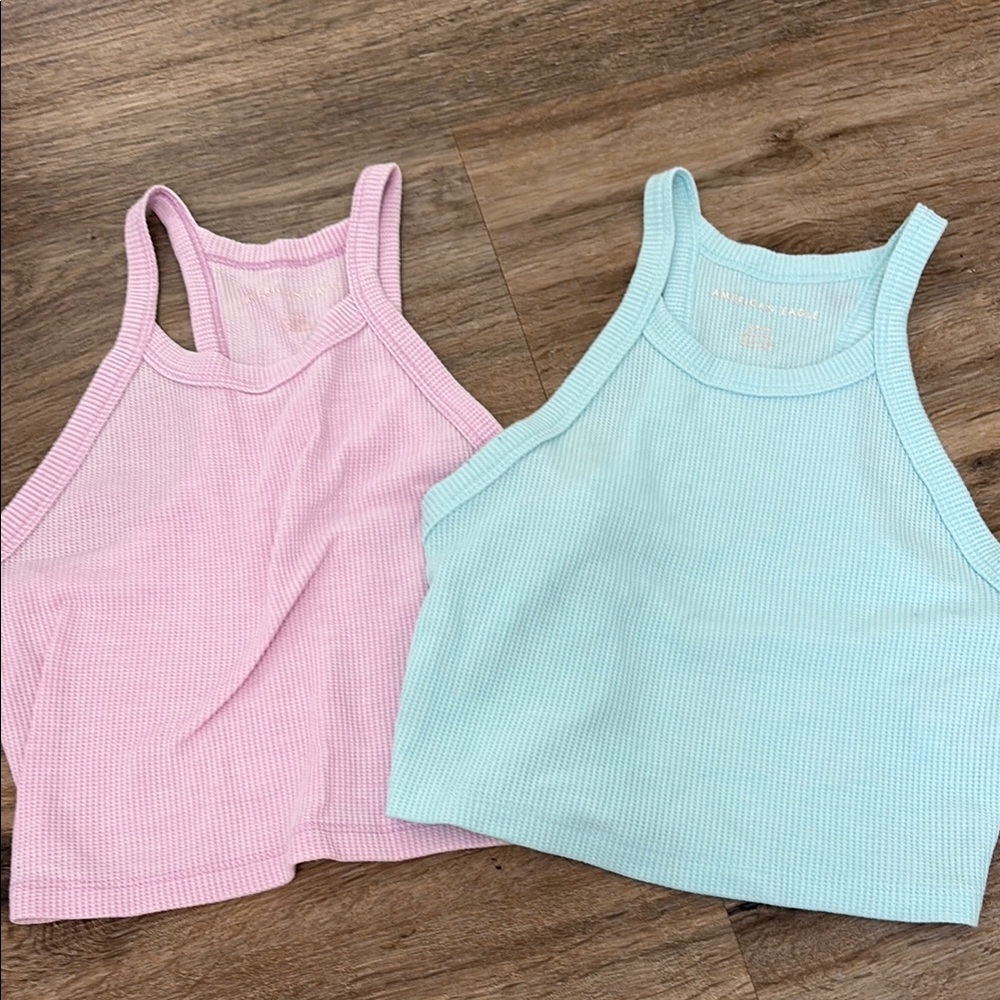 American Eagle Outfitters Pink and Blue Racerback Waffle Tank Tops NWOT